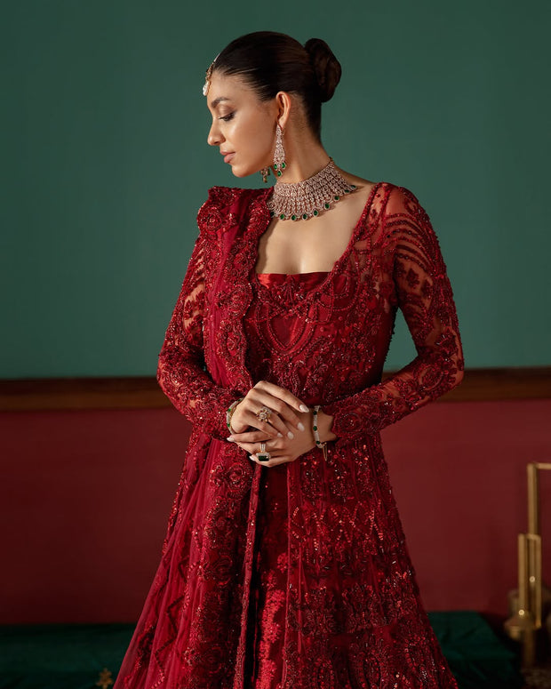 Latest Pakistani Bridal Outfit in Red Net Wedding Gown Style