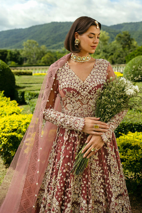 Latest Pakistani Bridal Outfit in Tea Pink Lehenga Frock Style