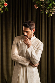 Latest Pakistani Groom Dress in Off-white Open Sherwani Style