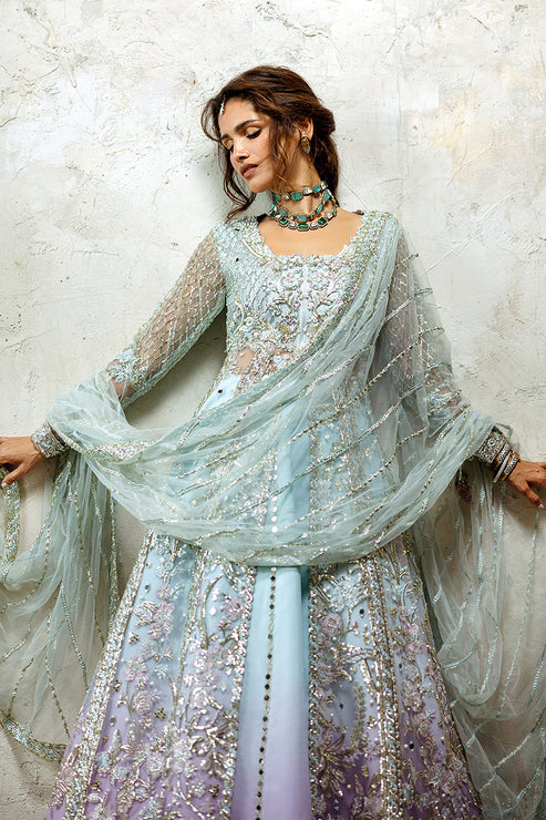 Latest Pakistani Wedding Dress in Blue Open Gown Lehenga Style