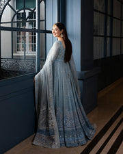 Latest Pakistani Wedding Dress in Blue Pishwas Frock Style