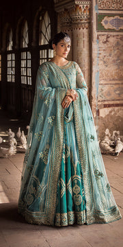 Latest Pakistani Wedding Dress in Blue Pishwas Trouser Style