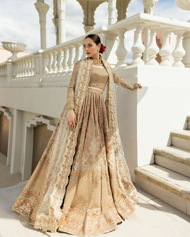 Latest Pakistani Wedding Dress in Gold Choli Lehenga Style