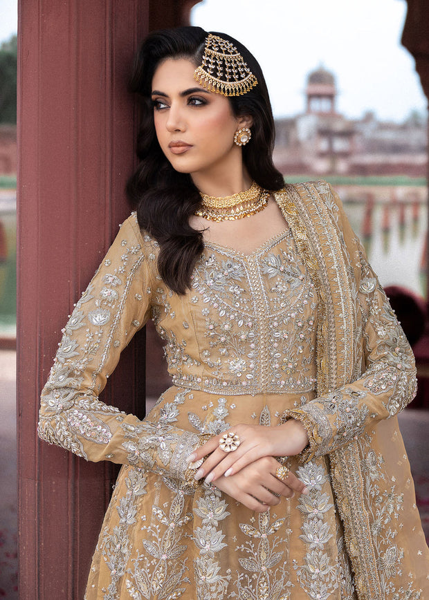 Latest Pakistani Wedding Dress in Golden Pishwas Frock Style