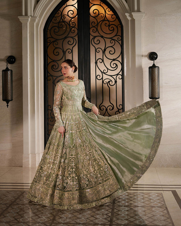 Latest Pakistani Wedding Dress in Mint Green Pishwas Style