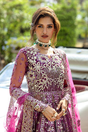 Latest Pakistani Wedding Dress in Net Magenta Pishwas Style