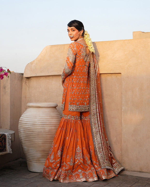 Latest Pakistani Wedding Dress in Orange Kameez Gharara Style