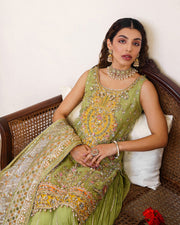 Latest Pakistani Wedding Dress in Parrot Green Sharara Style