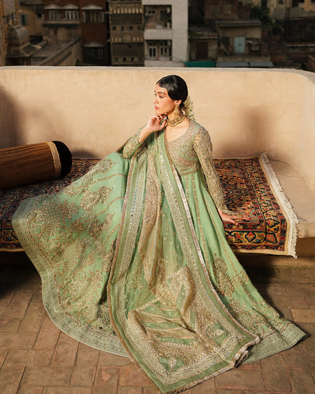 Latest Pakistani Wedding Dress in Raw Silk Pishwas Frock Style