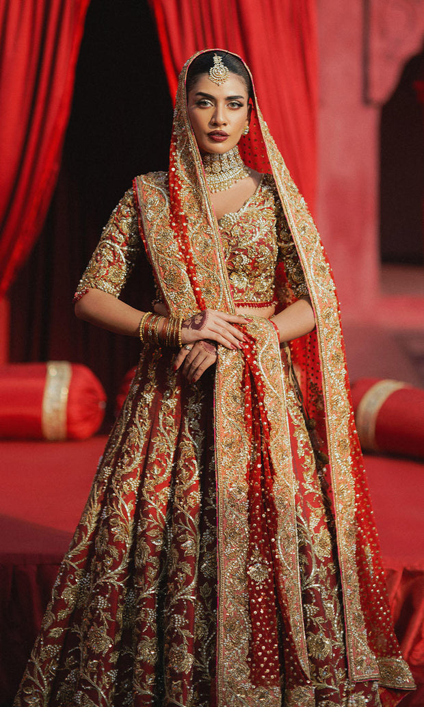 Latest Pakistani Wedding Dress in Red Choli and Lehenga Style