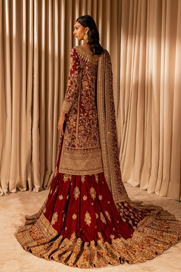 Latest Red Pakistani Bridal Dress in Kameez and Lehenga Style