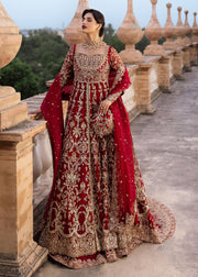 Latest Red Pakistani Bridal Dress in Lehenga and Pishwas Style