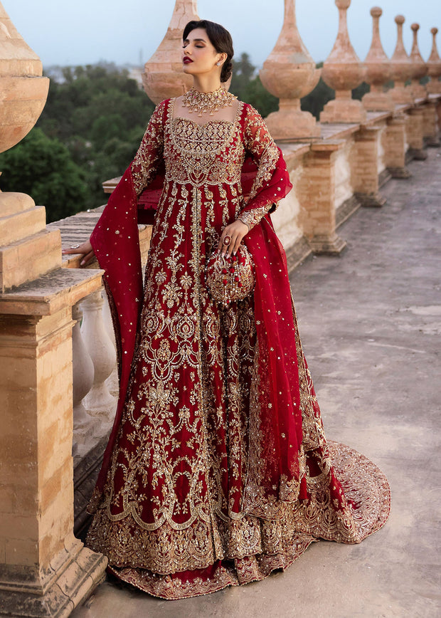 Latest Red Pakistani Bridal Dress in Lehenga and Pishwas Style