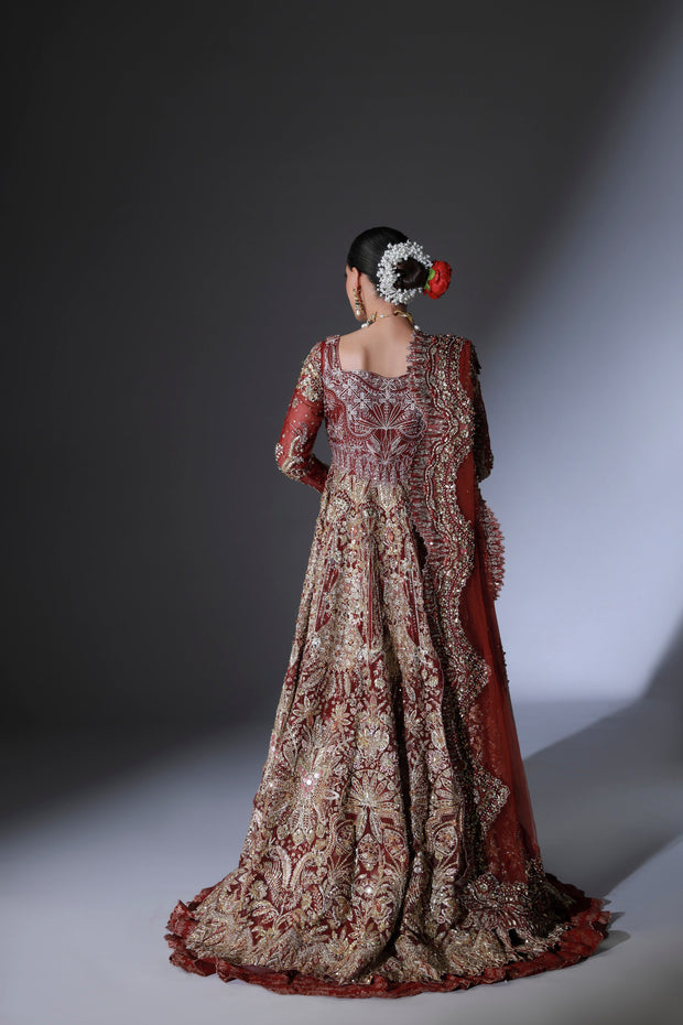 Latest Red Pakistani Bridal Dress in Open Gown Lehenga Style