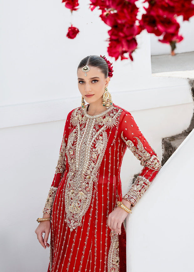 Latest Red Pakistani Wedding Dress in Kameez Sharara Style