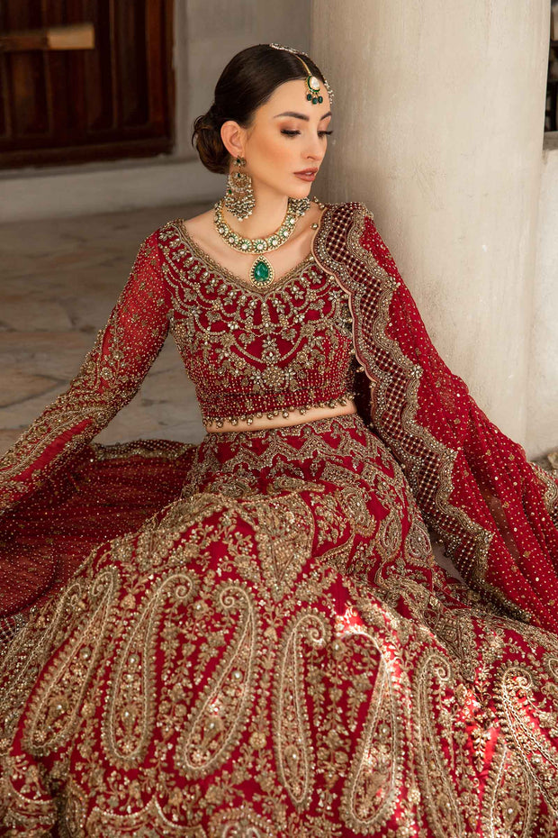 Latest Royal Red Pakistani Bridal Dress in Lehenga Choli Style