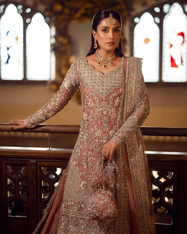 Latest Tea Pink Tissue Shirt and Bridal Gharara Style Dress