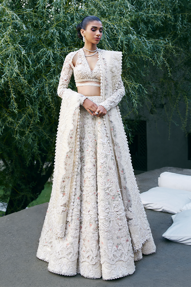 Latest White Pakistani Bridal Dress in Lehenga Choli Style