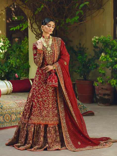 Red Lehenga Kameez and Dupatta Pakistani Bridal Dress – Nameera by Farooq