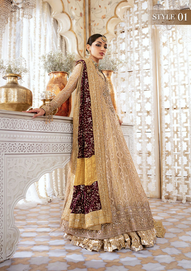 Light Brown Embroidered Kalidar Frock Pakistani Dress with Sharara