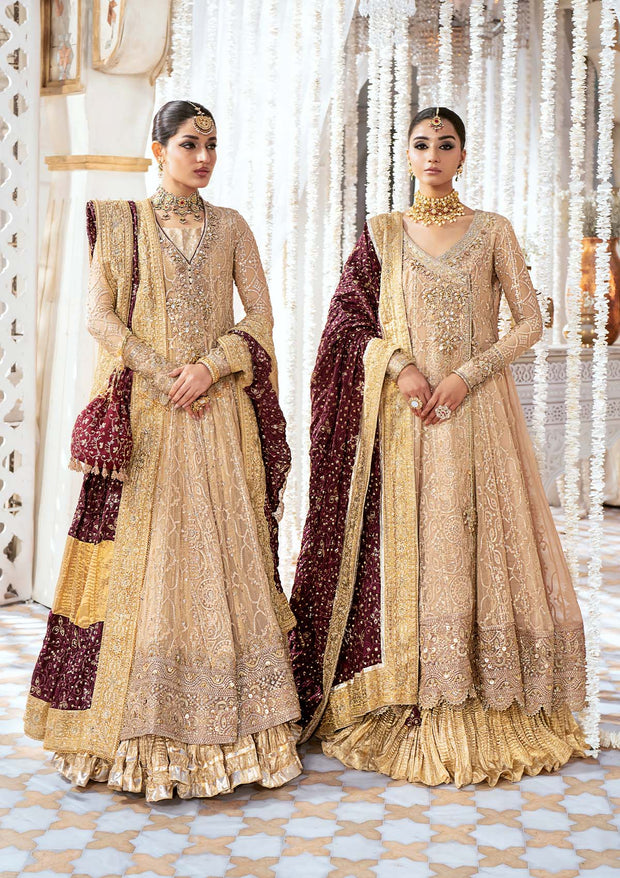 Light Brown Embroidered Kalidar Frock Pakistani Wedding Dress with Sharara