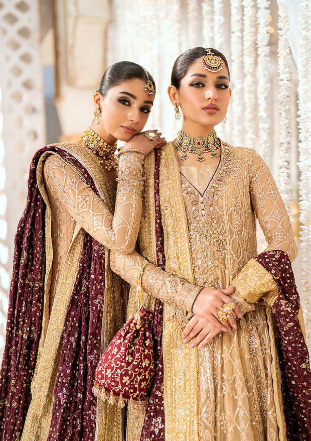 Light Brown Embroidered Kalidar Pakistani Wedding Dress with Sharara