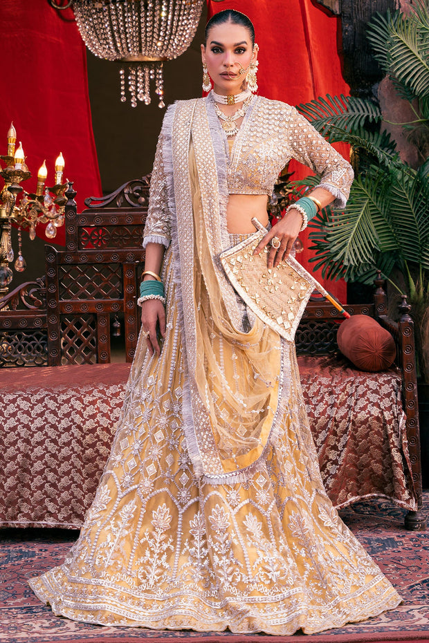 Light Yellow Embroidered Pakistani Wedding Wear Lehenga Choli Dupatta