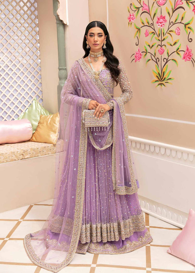 Luxury Lilac Embroidered Pakistani Wedding Dress in Pishwas Sharara Style