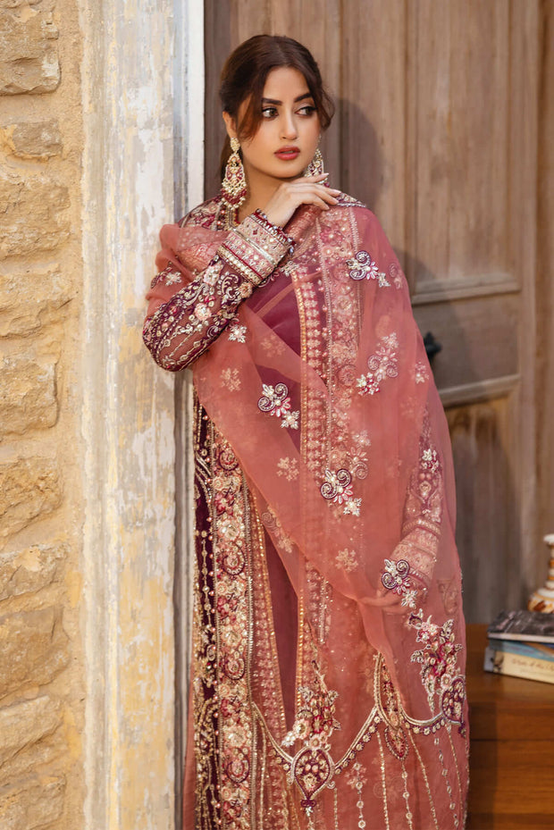 Luxury Magenta Embroidered Pakistani Wedding Dress Open Gown