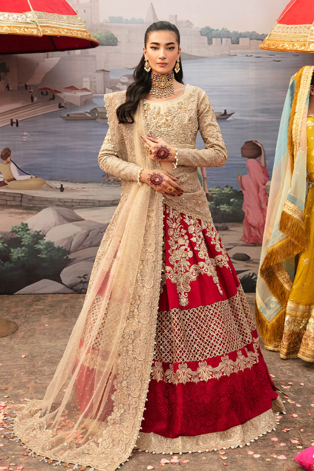 Luxury Pakistani Party Dress Golden and Red Lehenga Style Outfit