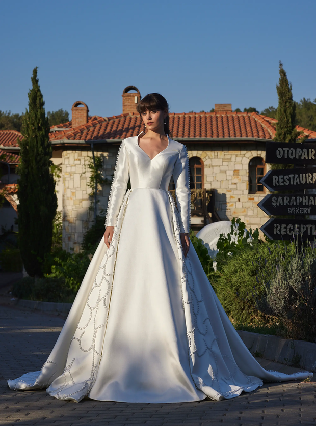 Luxury Satin Bridal Gown with Hand-Sewn Design With Buttons