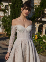 Luxury Shimmering Lace A Line Bridal Gown Long Sleeves