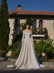 Luxury Shimmering Lace A Line Bridal Gown with Long Sleeves