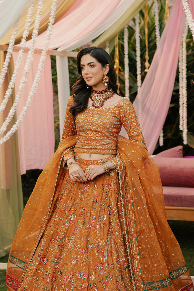 Luxury Tangerine Embroidered Pakistani Wedding Lehenga Choli