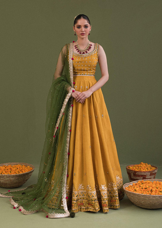 Luxury Yellow Green Pakistani Wedding Wear Lehenga Choli and Dupatta