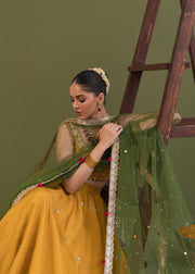 Luxury Yellow Green Pakistani Wedding Wear Choli and Dupatta