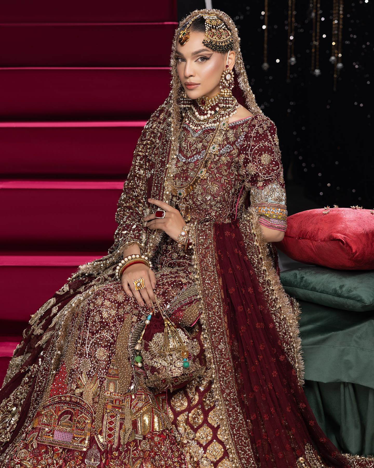 Maroon Long Kameez Lehenga Pakistani Bridal Dresses – Nameera by Farooq