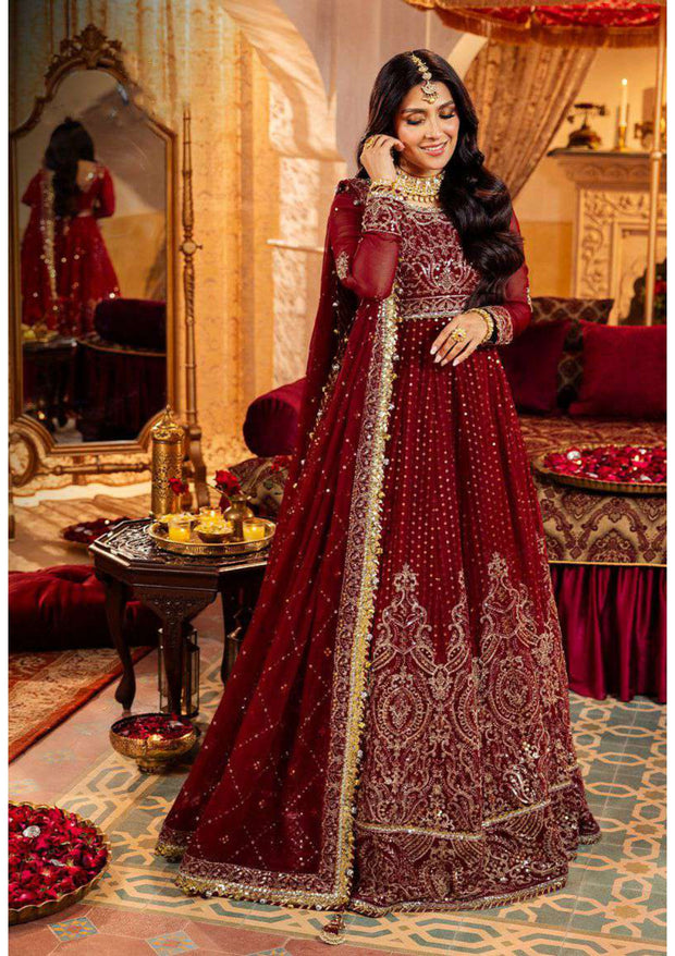 Maroon Luxury Embroidered Pishwas Frock Pakistani Wedding Dress