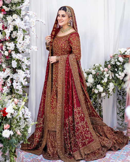 Maroon Red Kameez Lehenga for Pakistani Bridal Dresses – Nameera by Farooq