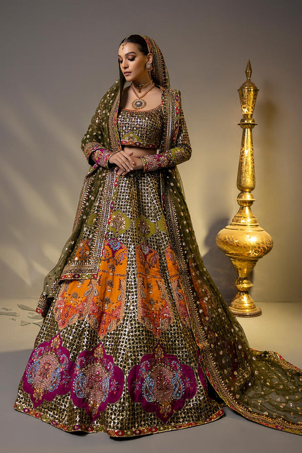 Mehendi Green Pakistani Bridal Dress in Royal Lehenga Choli Style