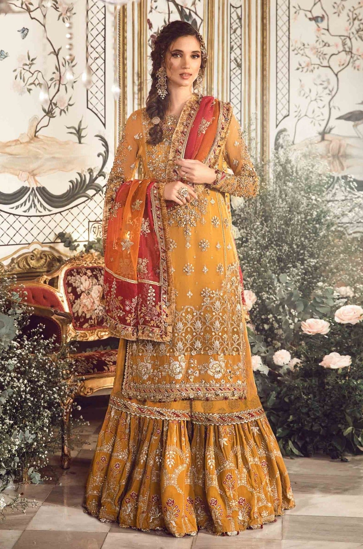 Mehndi Dress in Pakistani Bridal Gharara Kameez Style – Nameera by Farooq