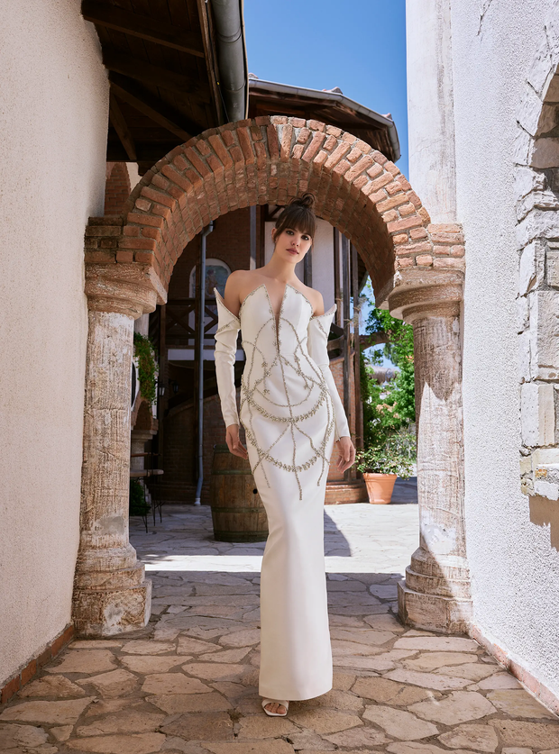 Modern Satin Bridal Gown with Classic Crystal Embroidery