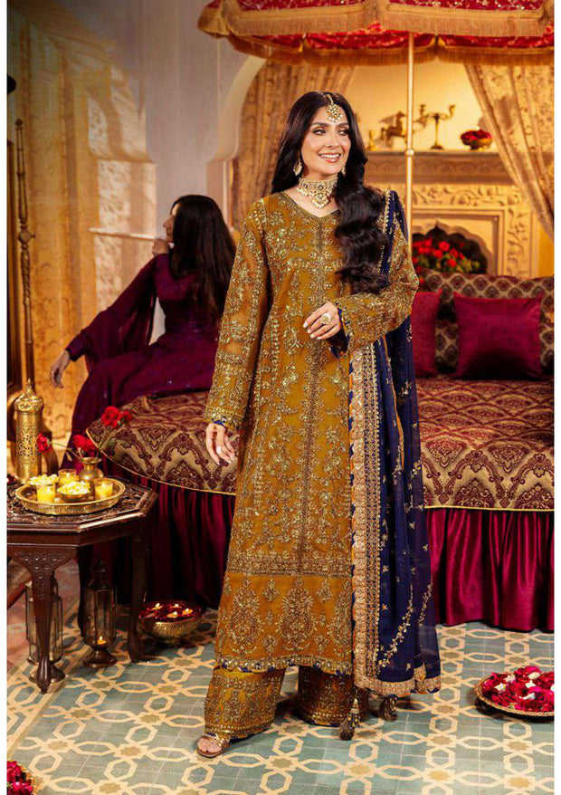 Mustard Embroidered Royal Pakistani Wedding Wear Salwar Kameez