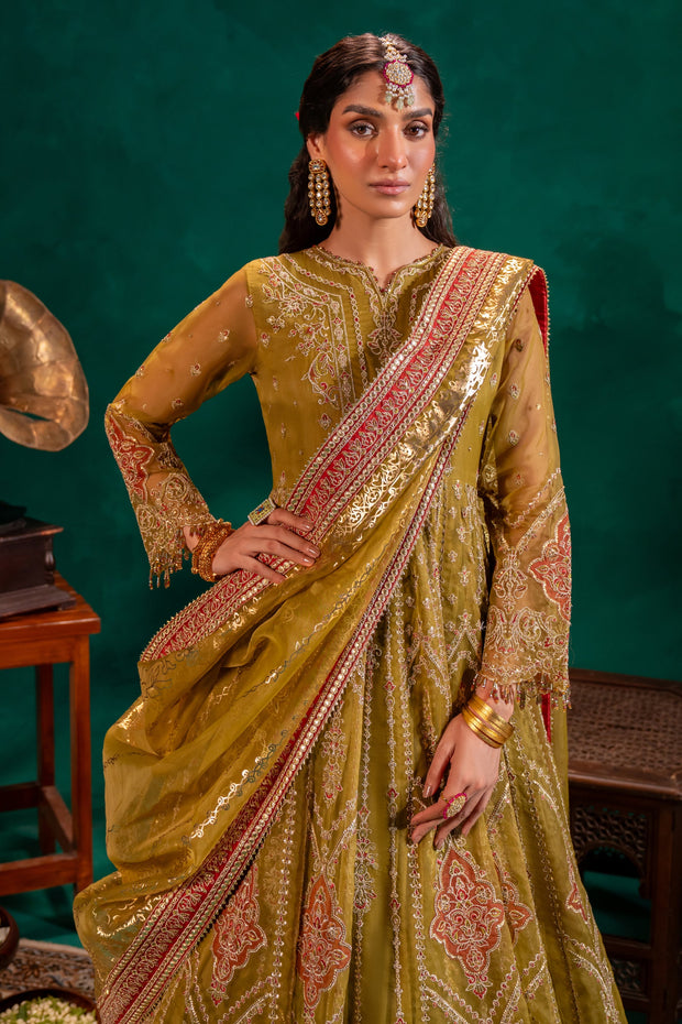 Mustard Green Embroidered Pakistani Wedding Dress Long Frock