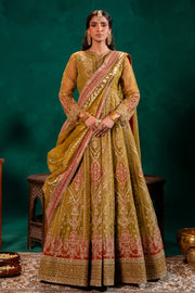 Mustard Green Embroidered Pakistani Wedding Dress in Long Frock Style