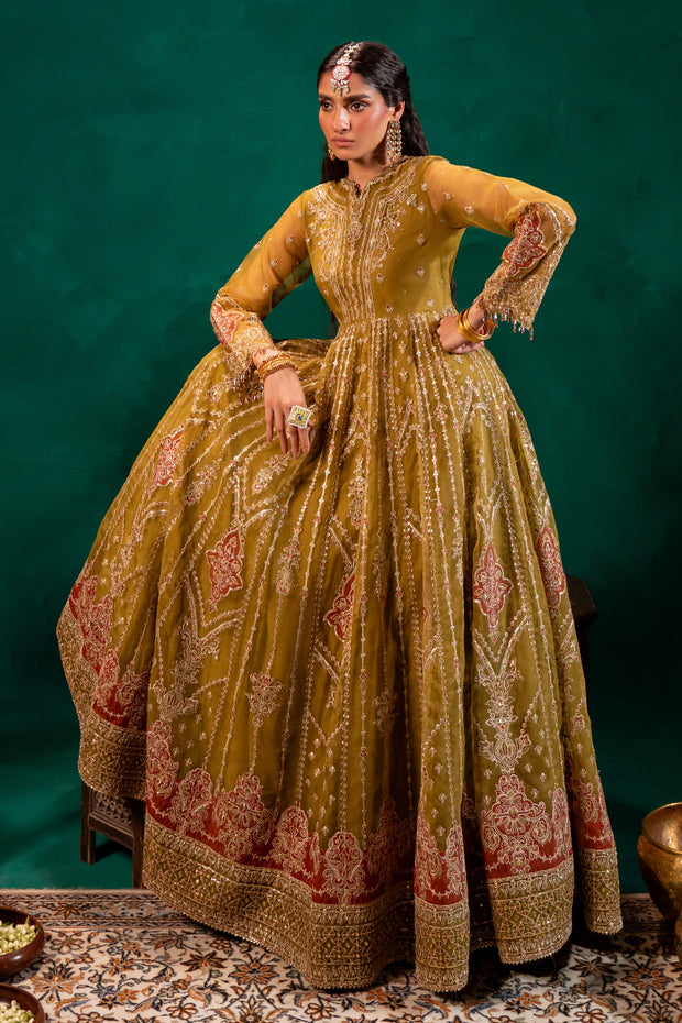 Mustard Green Embroidered Pakistani Wedding in Long Style