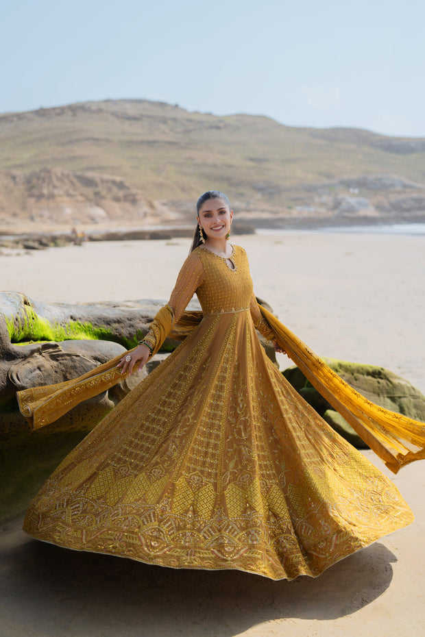 Mustard Heavily Embellished Floor Length Pishwas Pakistani Dress