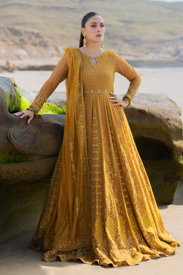 Mustard Heavily Embellished Floor Length Pishwas Wedding Dress