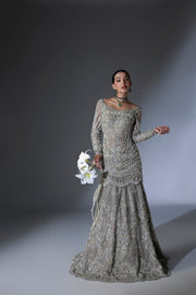 Net Pakistani Bridal Dress in Grey Lehenga Shirt Style