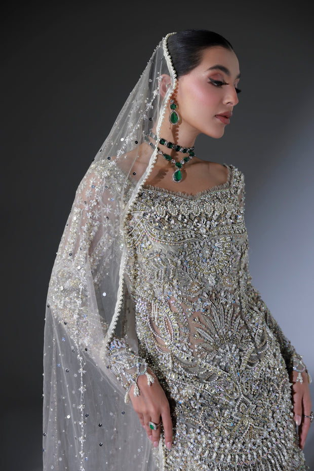 Net Pakistani Bridal Dress in Grey Lehenga and Shirt Style